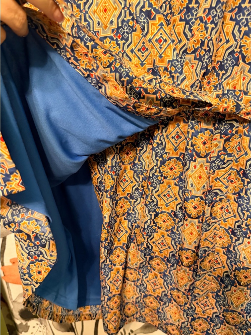 Anthropologie Tulle Women's Navy & Orange Printed V-Neck Tie-Waist Dress - Picture 4 of 11